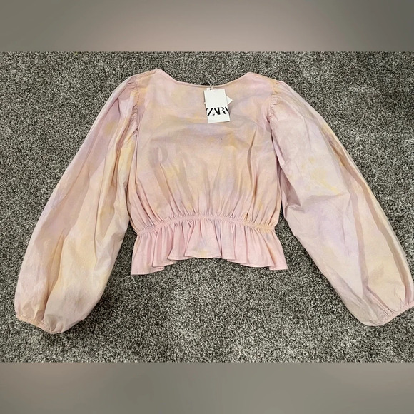 NWT Zara balloon sleeve peplum tie dye blouse, size medium - Picture 8 of 9